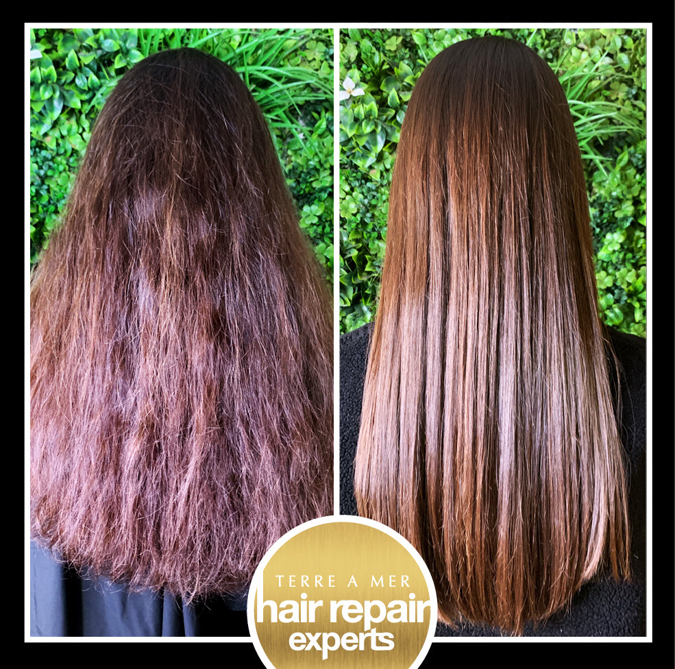 This picture shows Long red hair after a Keratin Treatment. Before and After image.